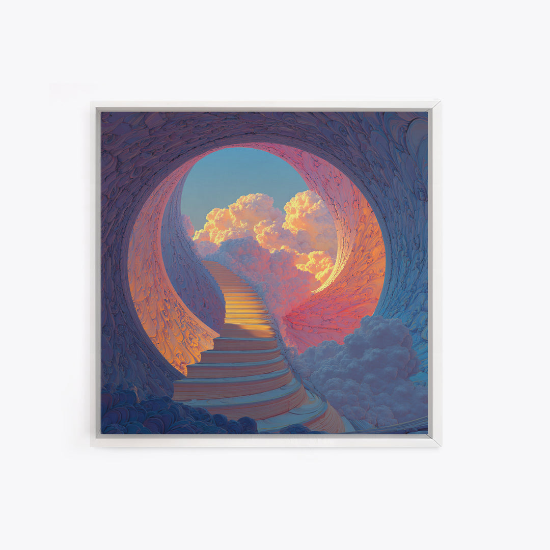 Heavenly Stairway To Clouds Wall Art, Dreamy Fantasy Landscape Canvas Print, Calming Surreal Art For Bedroom Decor