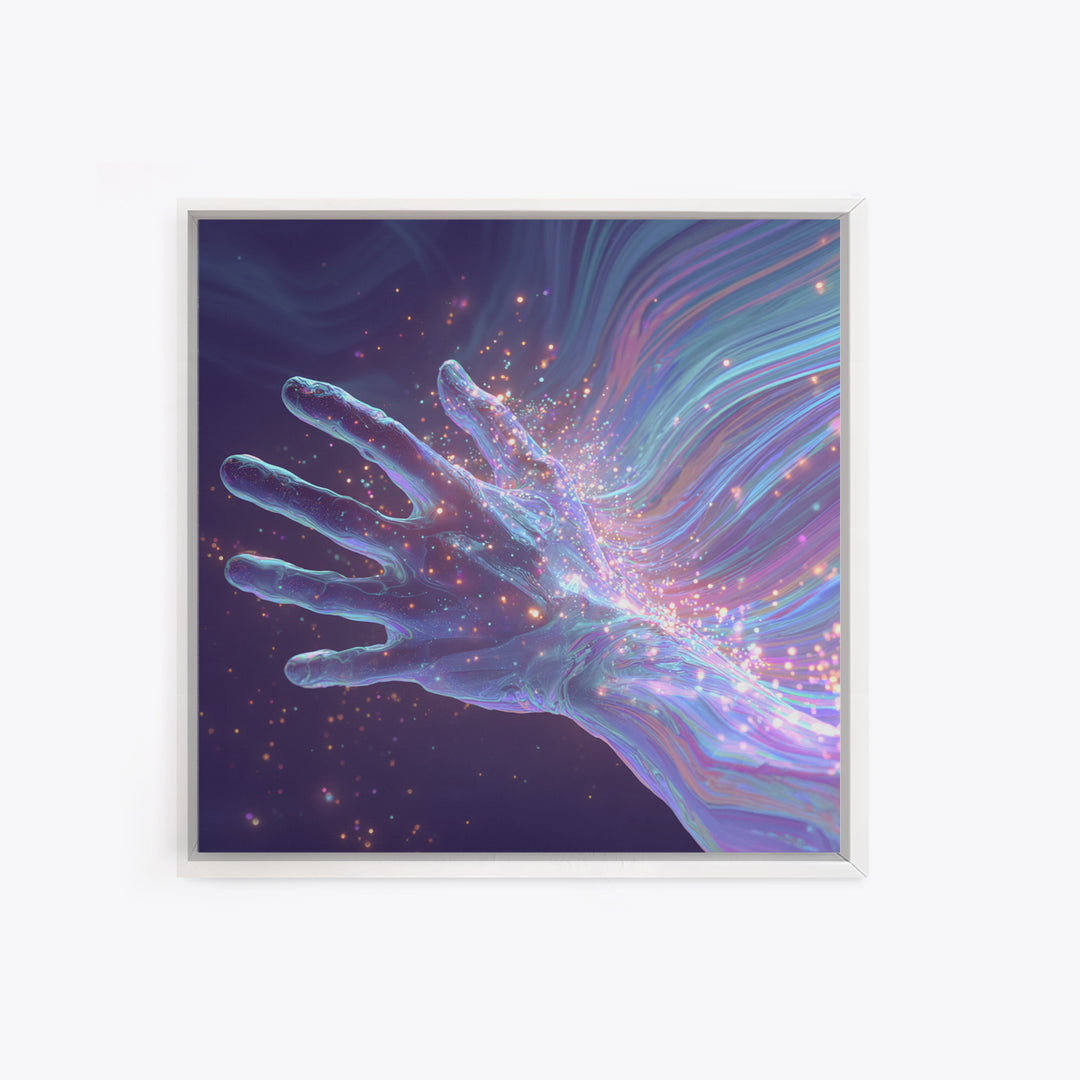 Iridescent Hand With Sparkles Surreal Wall Art, Futuristic Abstract Canvas Print For Modern Office Decor And Gamer Room