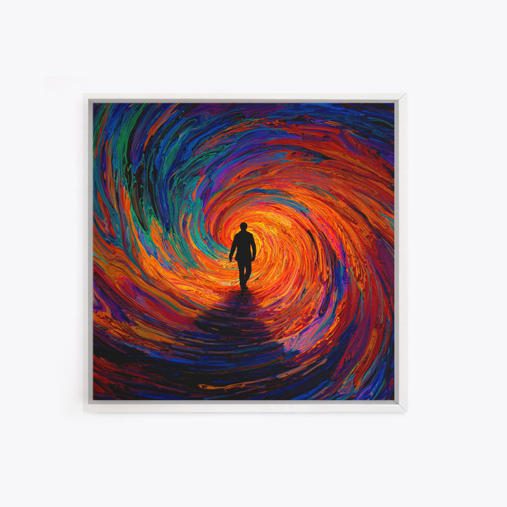Man Walking Into Vortex Abstract Wall Art, Colorful Surreal Tunnel Painting, Modern Abstract Art Print, Statement Canvas Print