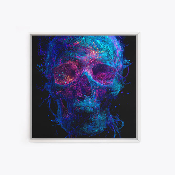 Neon Cosmic Skull Wall Art, Psychedelic Galaxy Bones Canvas Print, Dark Surreal Abstract Art For Gaming Room Or Modern Home Decor