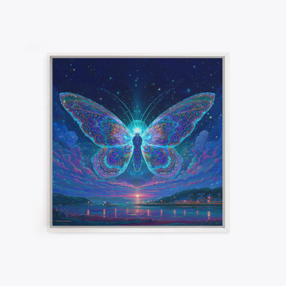 Cosmic Butterfly Over Water Wall Art, Psychedelic Celestial Canvas Print, Fantasy Night Sky Home Decor