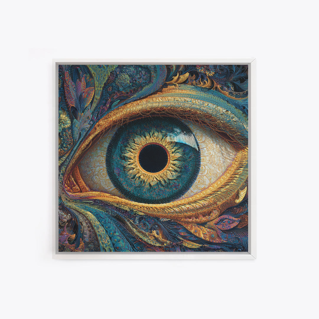 Surreal Golden Eye With Intricate Abstract Patterns Wall Art, Mystical Fantasy Canvas Print For Modern Home Decor