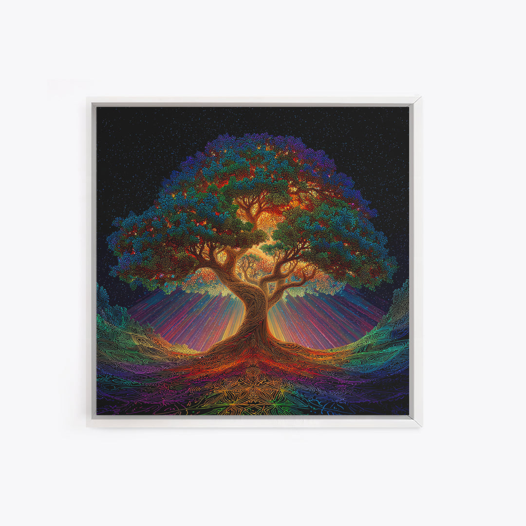 Rainbow Tree Of Life Under Starry Sky Psychedelic Landscape Wall Art Canvas Print Boho Spiritual Home Decor