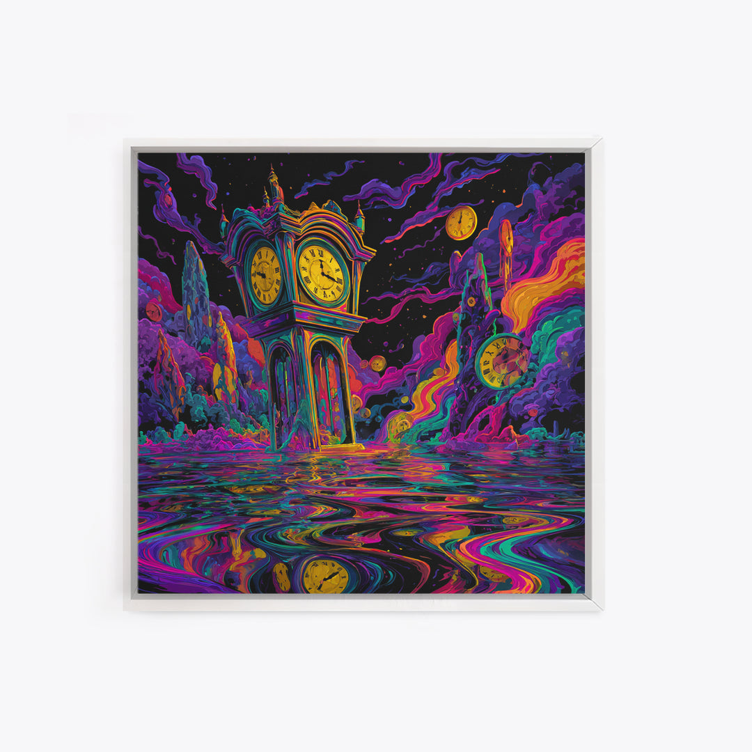 Surreal Neon Clock Dreamscape Wall Art, Psychedelic Abstract Landscape Canvas Print, Colorful Trippy Home Decor