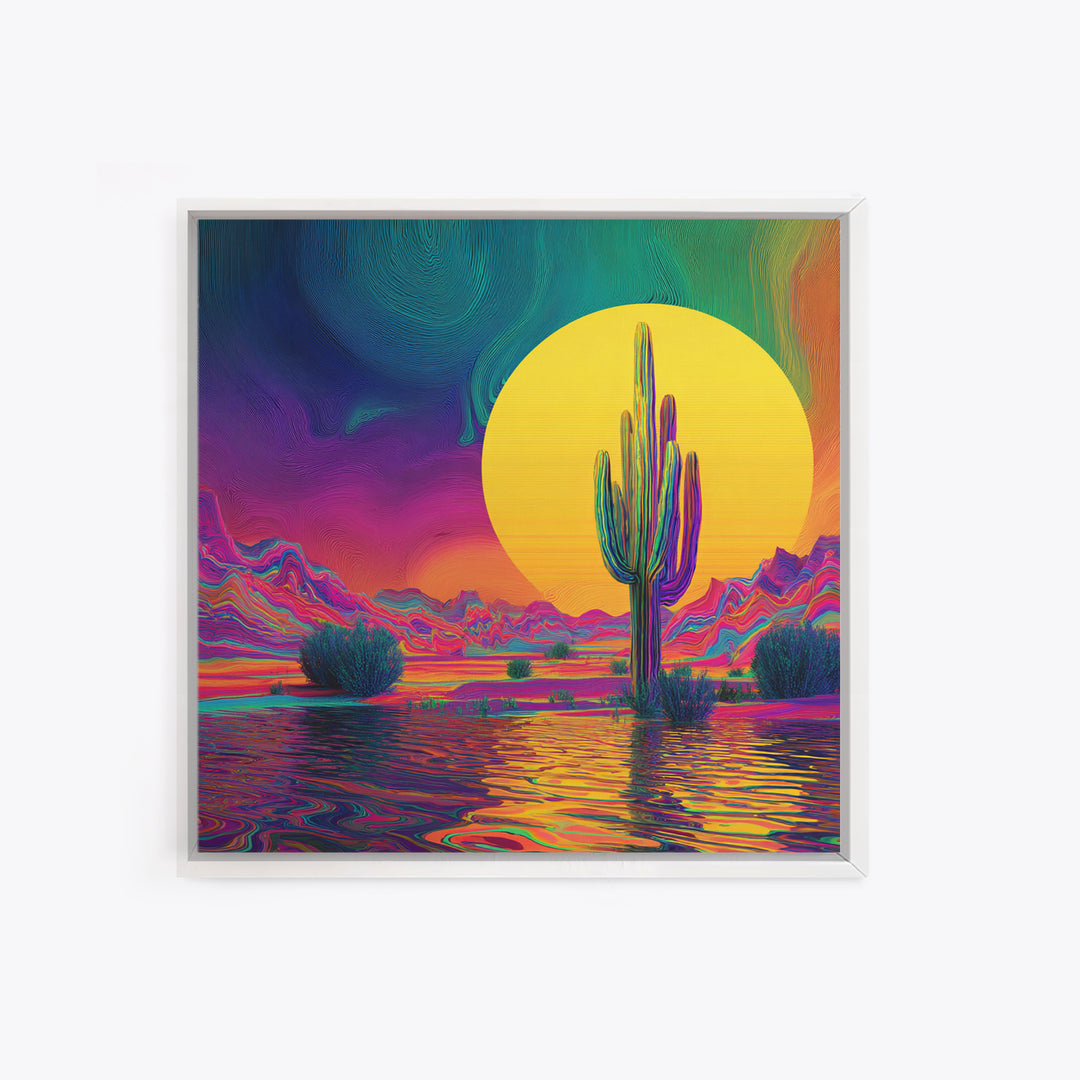 Psychedelic Desert Cactus Wall Art, Vibrant Sunset Landscape Canvas Print, Colorful Boho Western Home Decor