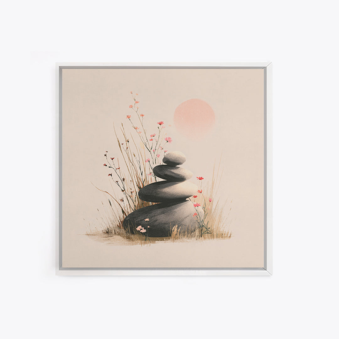 Zen Stacked Stones And Wildflowers Wall Art, Minimalist Meditation Canvas Print, Japandi Spa Decor, Calming Gift For Her