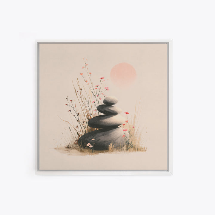 Zen Stacked Stones And Wildflowers Wall Art, Minimalist Meditation Canvas Print, Japandi Spa Decor, Calming Gift For Her