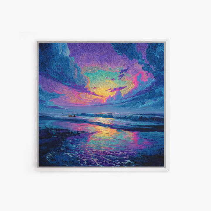 Psychedelic Ocean Sunset Waves Colorful Wall Art Print, Abstract Seascape Painting, Modern Coastal Home Decor Wall Art