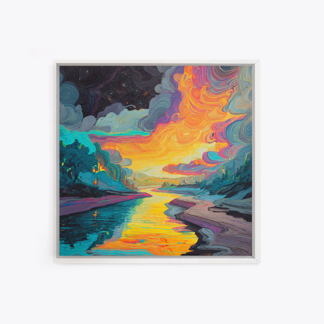 Psychedelic River Sunset Wall Art, Colorful Abstract Landscape Painting, Modern Boho Home Decor, Living Room Canvas Print