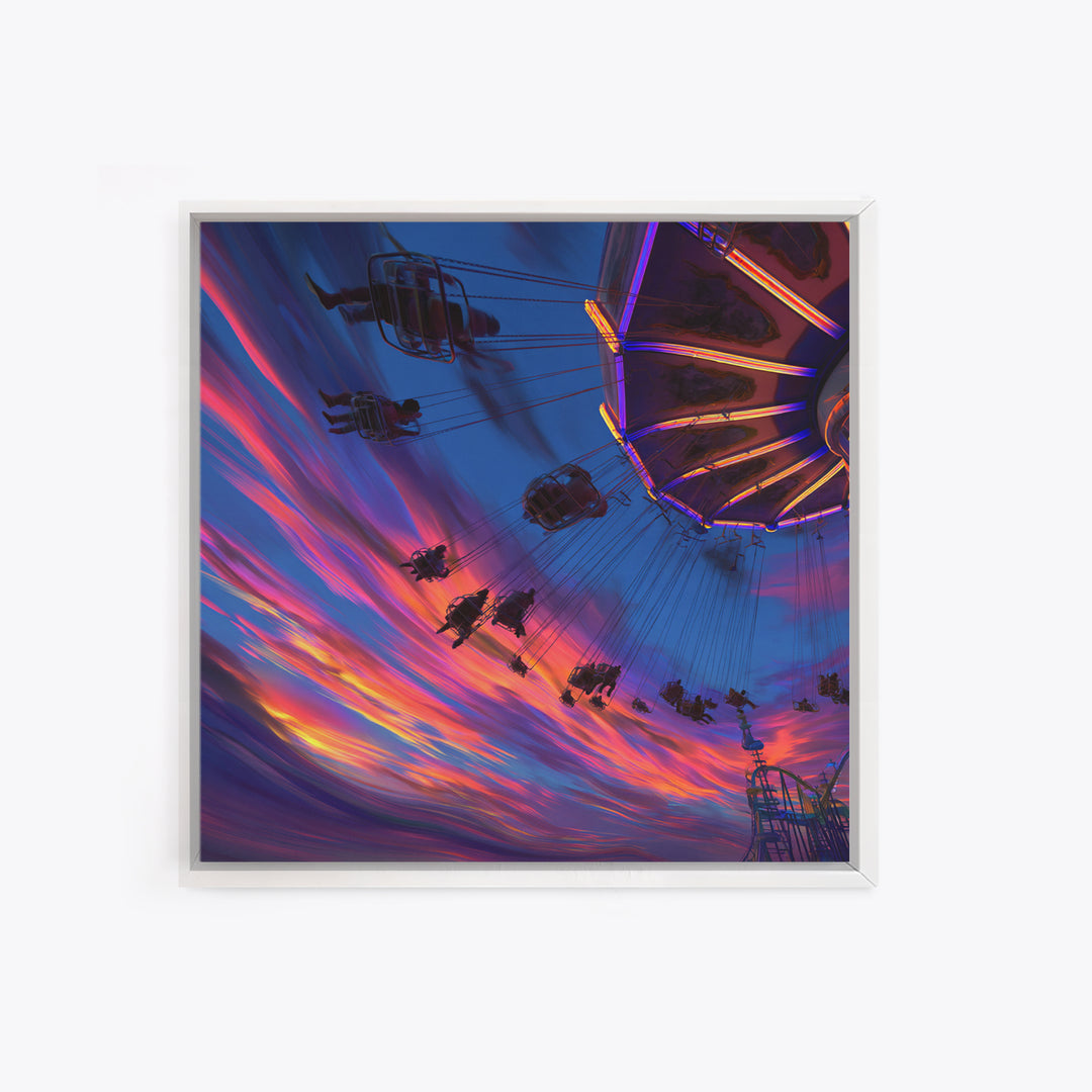Dynamic Amusement Park Swing Ride Sunset Scene Vibrant Abstract Wall Art Framed Canvas Print For Living Room