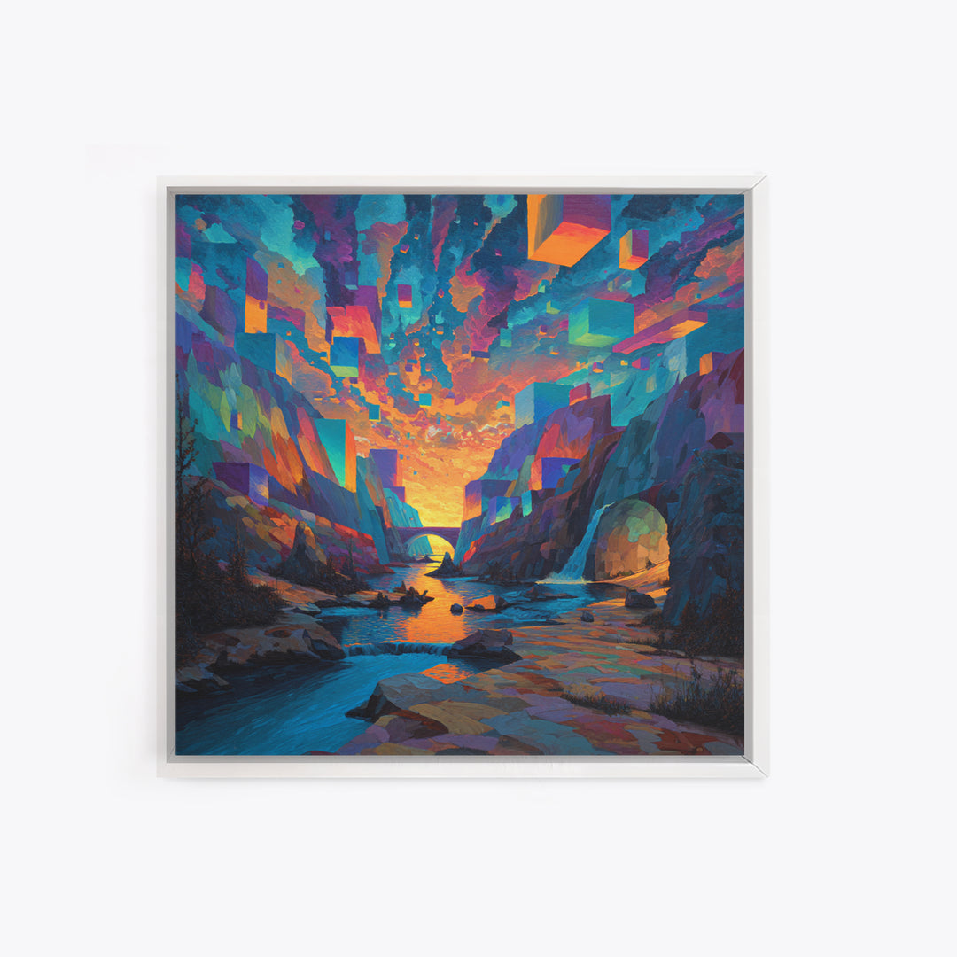 Surreal Canyon With Floating Cubes Canvas Print, Colorful Abstract Landscape Wall Art, Fantasy Home Decor, Modern Art Gift