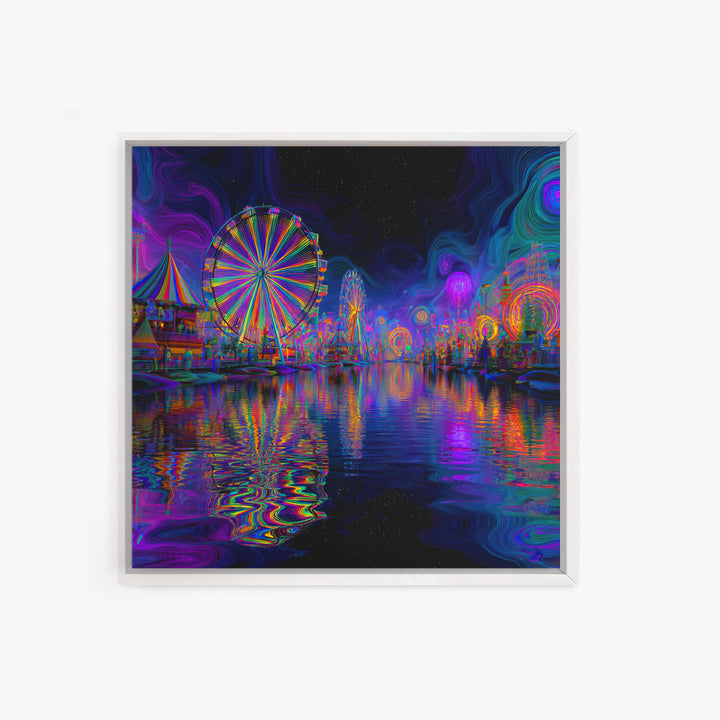 Neon Carnival At Night Abstract Wall Art, Psychedelic Ferris Wheel Canvas Print, Colorful Dopamine Decor Gaming Room Art