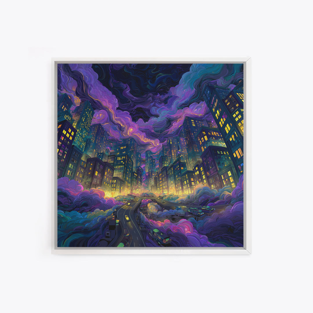 Neon Cityscape Night Sky Wall Art Colorful Futuristic Skyline Canvas Print Gaming Room Decor Sci Fi Wall Art