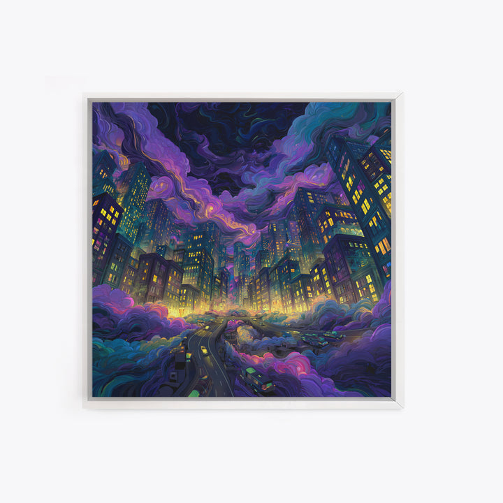 Neon Cityscape Night Sky Wall Art Colorful Futuristic Skyline Canvas Print Gaming Room Decor Sci Fi Wall Art
