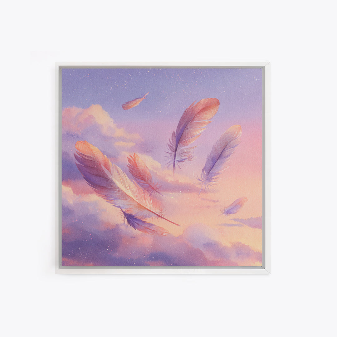Floating Pink Feathers Wall Art, Dreamy Celestial Canvas Print, Pastel Cloud Decor, Whimsical Nursery Bedroom Gift For Her