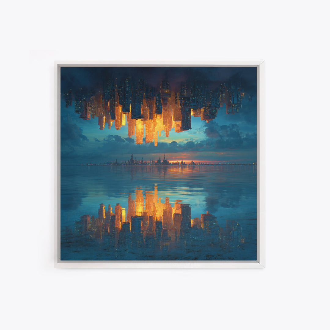 Upside Down Skyline Reflected On Water Wall Art, Surreal Cityscape Canvas Print, Modern Urban Decor For Living Room And Office