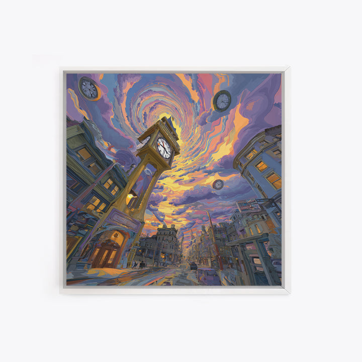Surreal Cityscape With Clock Tower And Swirling Sky At Sunset Wall Art Framed Canvas Print For Home Decor
