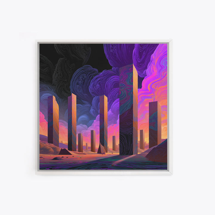 Neon Desert Monoliths Under Purple Sky Canvas Print, Futuristic Landscape Wall Art, Sci Fi Abstract Decor For Modern Home
