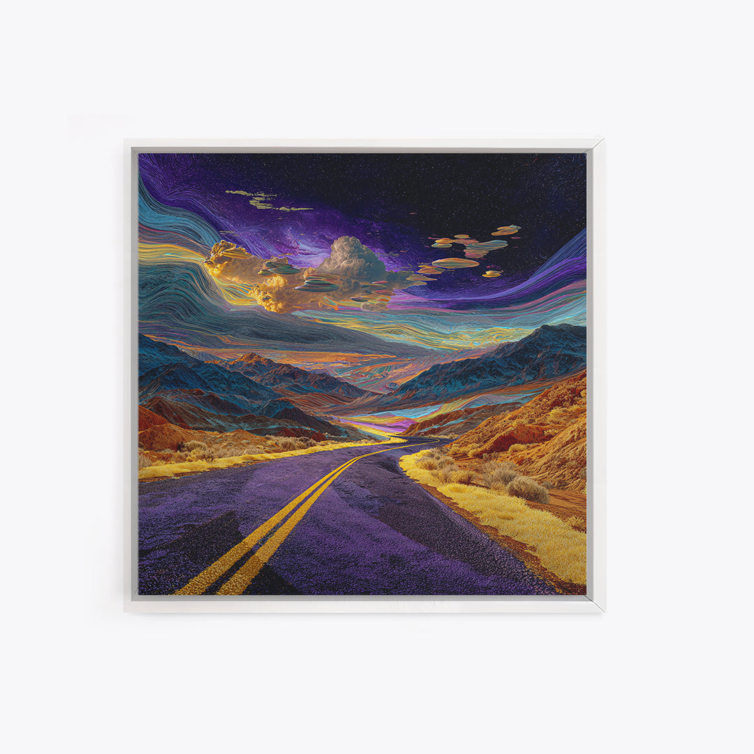 Cosmic Desert Highway Under Swirling Galaxy Sky Wall Art, Surreal Colorful Landscape Canvas Print, Modern Decor