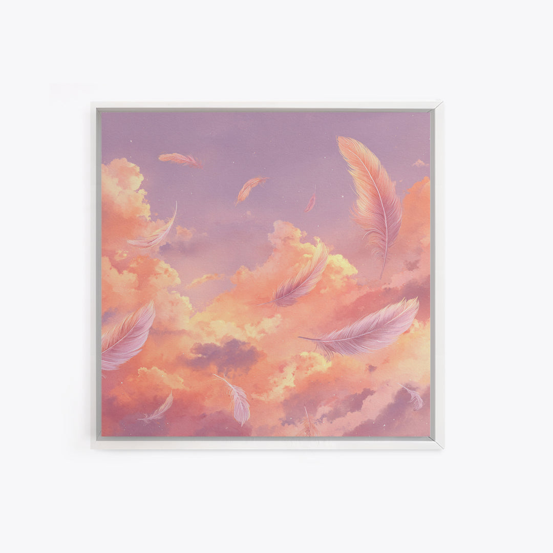 Pink Feather Sky Canvas Print, Dreamy Cloud Wall Decor, Celestial Nursery Art, Soft Pastel Bedroom Decor Gift For Her Art Print