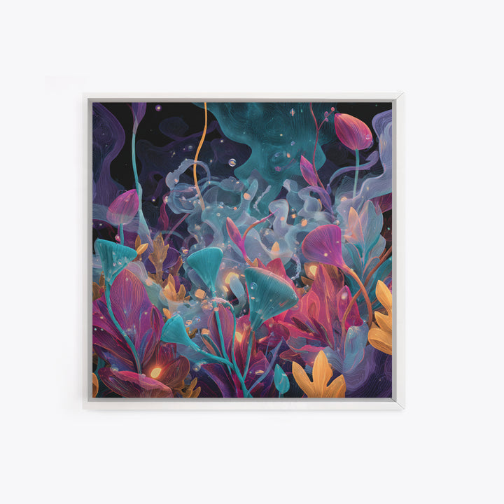 Glowing Alien Garden With Teal And Magenta Flowers Canvas Print, Psychedelic Botanical Wall Art, Whimsical Room Decor Gift