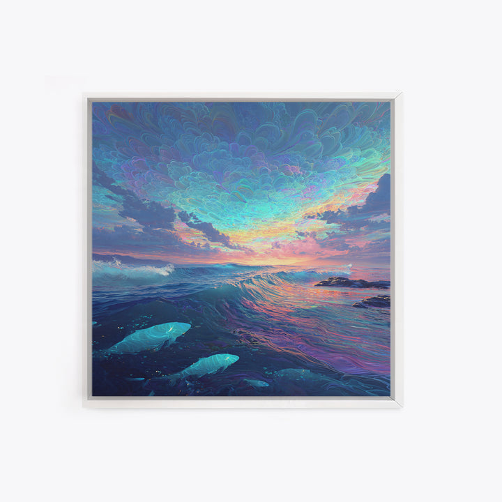Dreamy Ocean Wave Sunset Wall Art Canvas Print, Colorful Seascape Painting, Modern Coastal Decor, Beach House Wall Art
