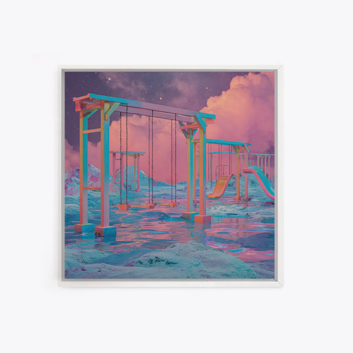 Surreal Neon Playground Landscape Wall Art, Dreamy Fantasy Seascape Canvas Print, Modern Home Decor, Statement Artwork
