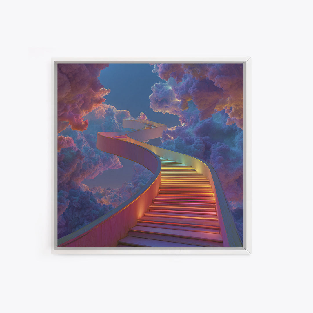 Rainbow Stairway Through Clouds Surreal Fantasy Wall Art, Dreamy Colorful Sky Canvas Print Home Decor