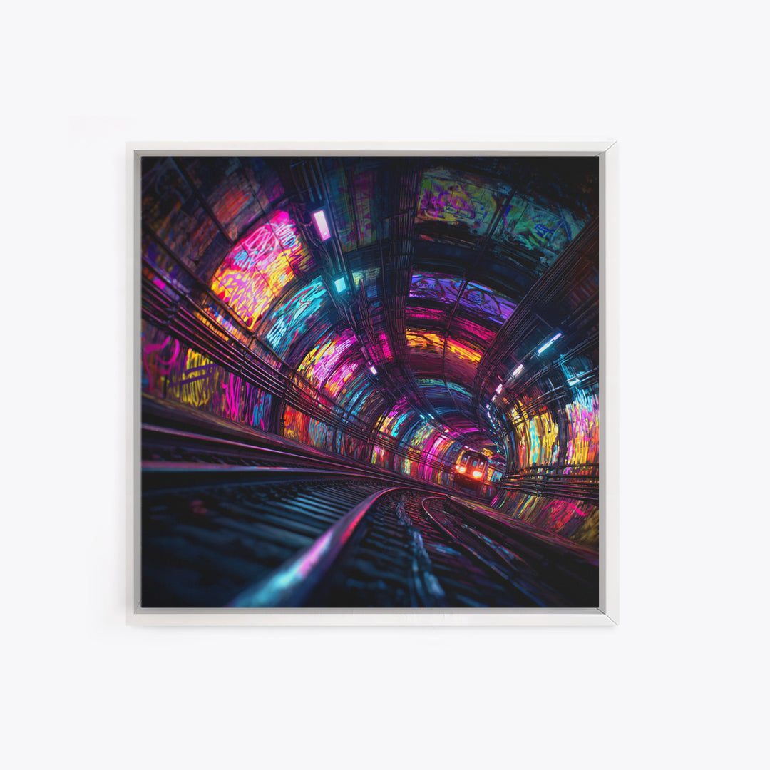 Neon Tunnel Cityscape Wall Art, Futuristic Subway Graffiti Canvas Print, Vibrant Urban Gaming Room Decor