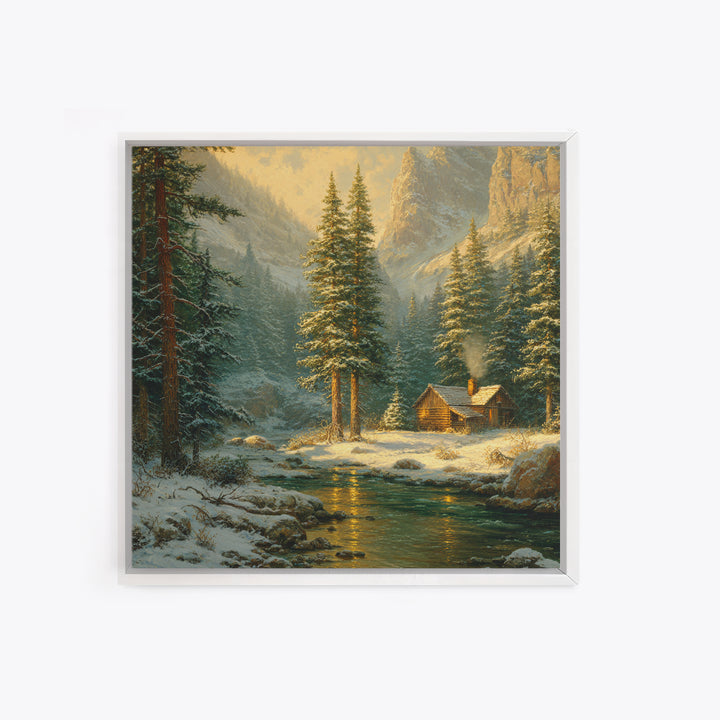 Cozy Winter Cabin By River Landscape Wall Art, Snowy Mountain Sunset Canvas Print, Rustic Farmhouse Decor Living Room Art