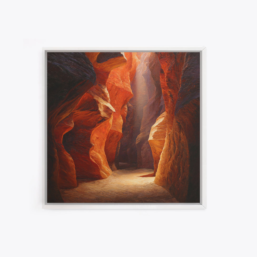 Sunlit Slot Canyon Textured Wall Art, Dramatic Red Rock Landscape Canvas Print, Vertical Desert Painting For Entryway Or Living Room Decor
