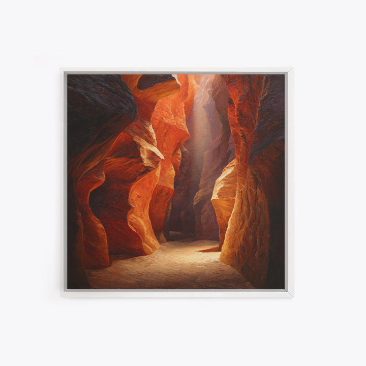 Sunlit Slot Canyon Textured Wall Art, Dramatic Red Rock Landscape Canvas Print, Vertical Desert Painting For Entryway Or Living Room Decor