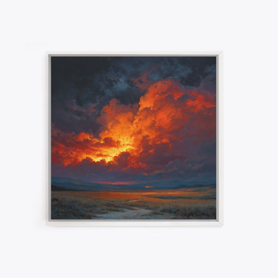Dramatic Sunset Storm Cloud Landscape Wall Art, Fiery Sky Canvas Print, Modern Living Room Statement Artwork