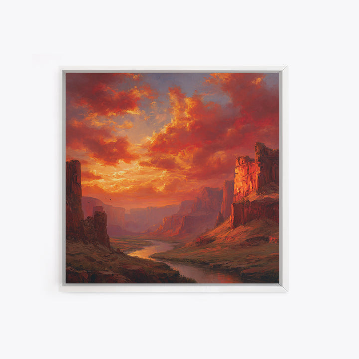 Majestic Canyon River Landscape At Sunset Wall Art Oil Painting Framed Canvas Print Rustic Home Decor