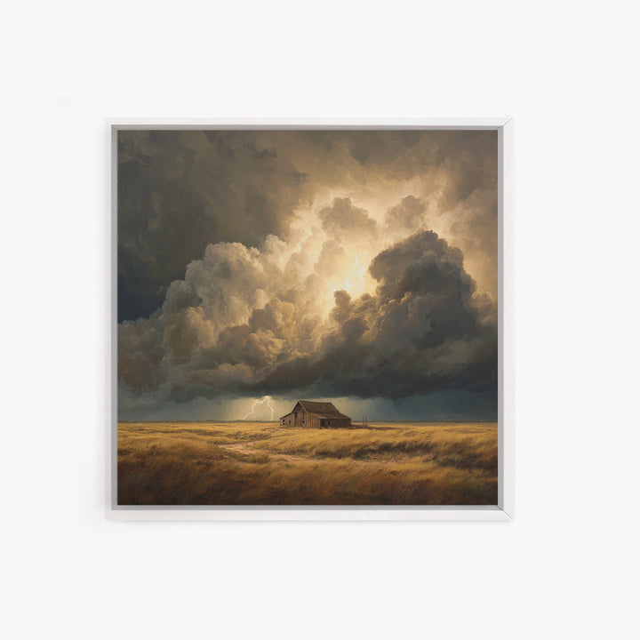 Stormy Sky Over Rustic Barn Landscape Painting Wall Art, Dramatic Lightning Cloud Print, Country Farmhouse Rustic Decor