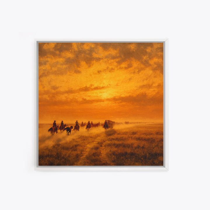 Western Cowboy Cattle Drive At Sunset Wall Art, Desert Landscape Print, Rustic Home Decor, Living Room Wall Art Canvas Print