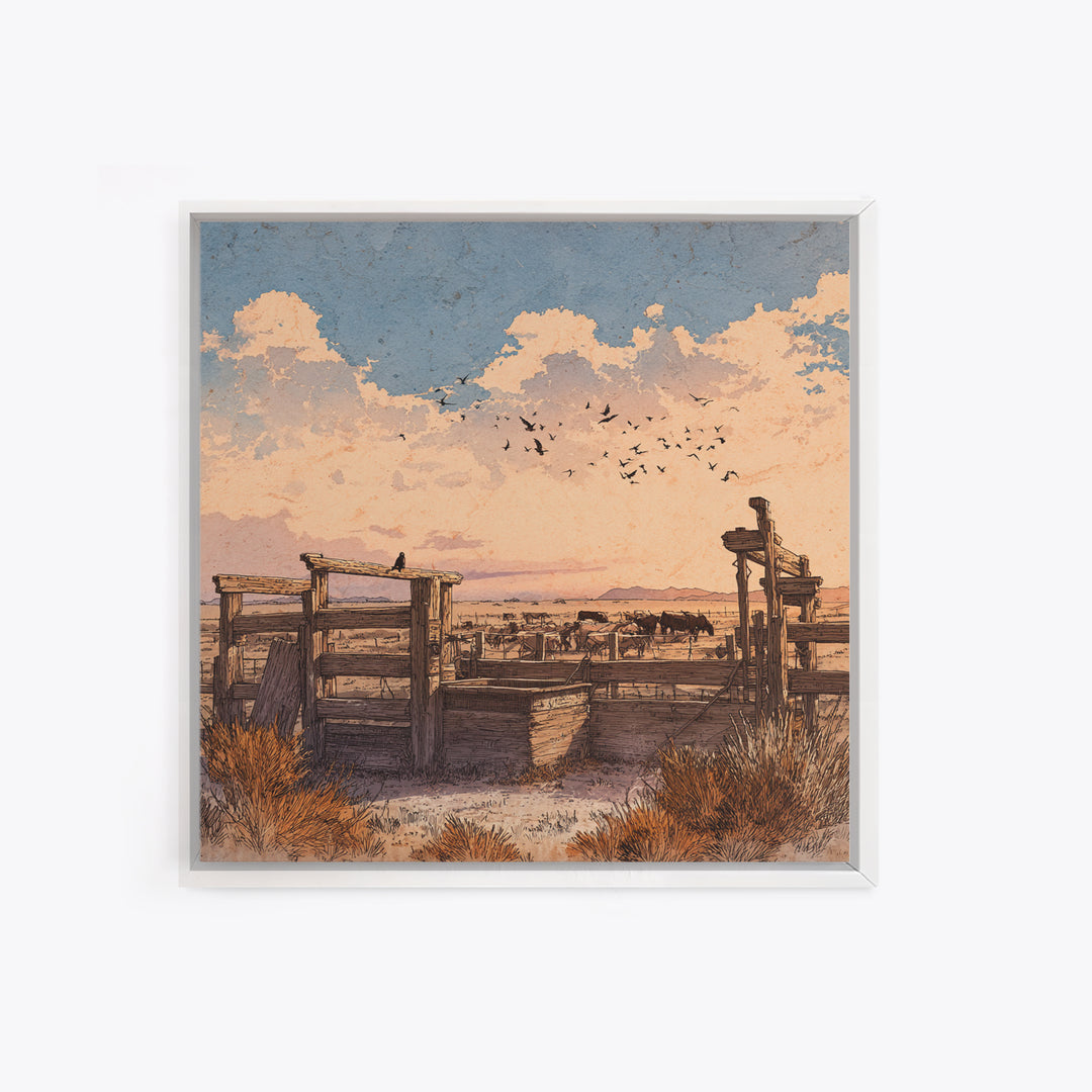 Western Ranch At Sunset Wall Art, Rustic Cowboy Landscape Canvas Print, Desert Farmhouse Decor For Living Room Or Office