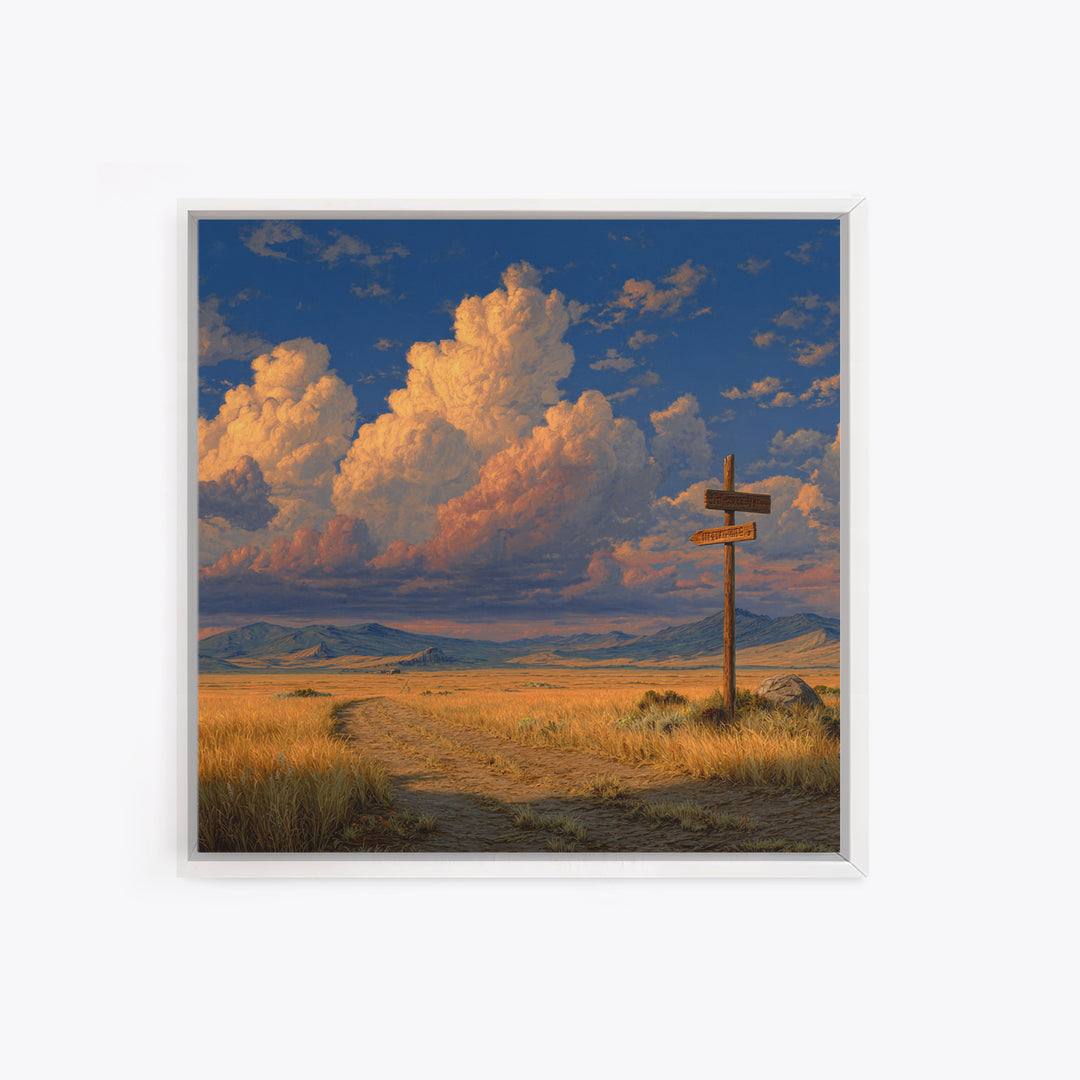 Golden Prairie Road At Crossroads Landscape Wall Art For Rustic Home Decor, Western Country Living Room Canvas Print