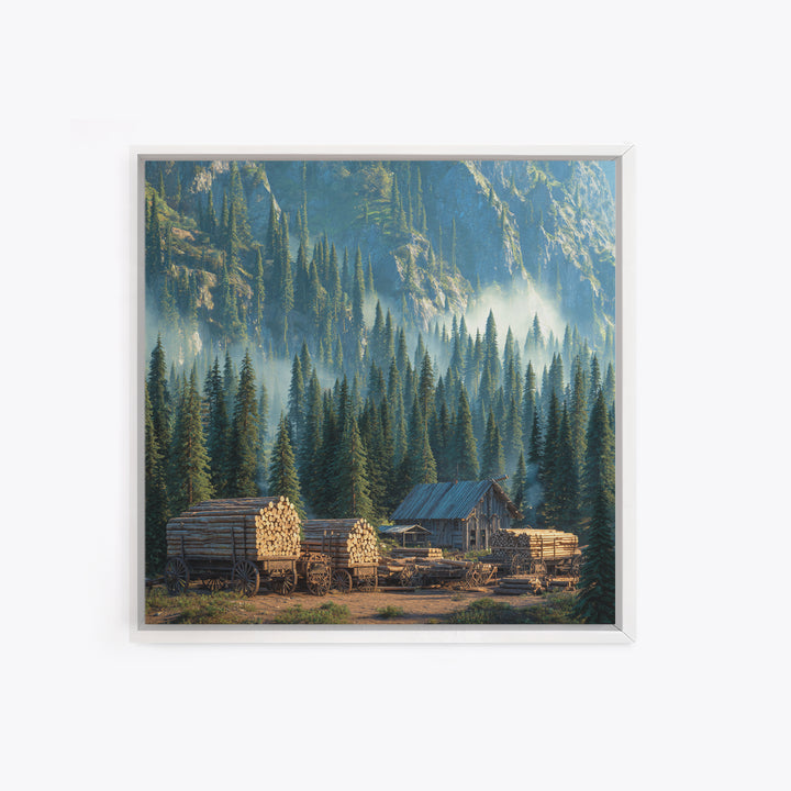 Cozy Cabin In Misty Pine Forest Wall Art, Rustic Mountain Landscape Canvas Print, Farmhouse Country Home Decor