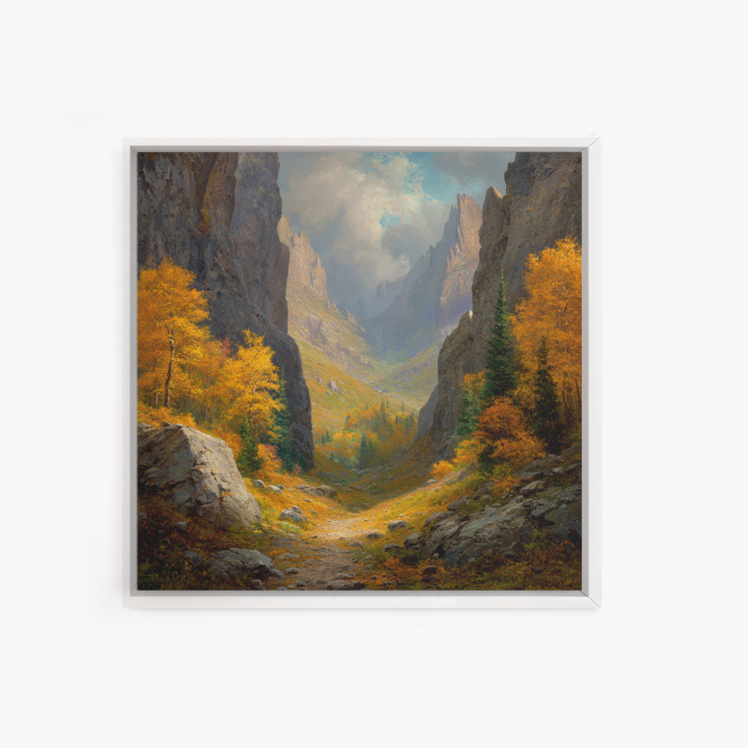 Golden Autumn Mountain Valley Path Landscape Wall Art, Cozy Fall Forest Canyon Living Room Canvas Print