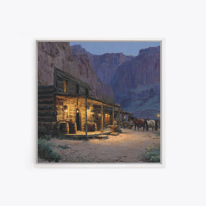 Cozy Old Western Cabin At Dusk Wall Art, Rustic Farmhouse Landscape Print, Country Home Decor, Living Room Rustic Canvas Print