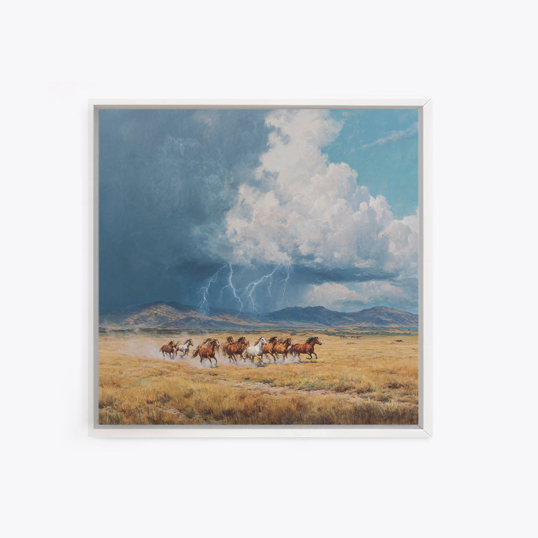 Wild Horses Running Under Stormy Sky Landscape Wall Art Canvas Print Western Country Decor Large Landscape Painting