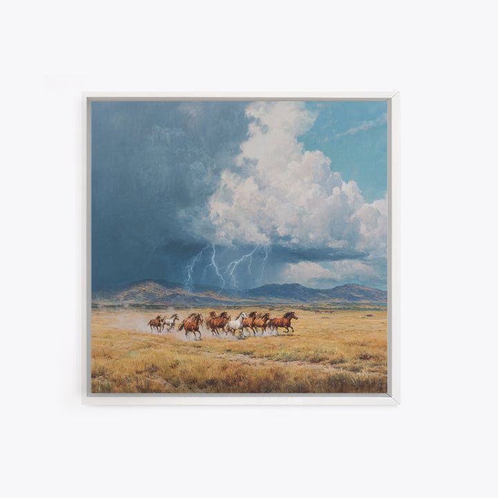 Wild Horses Running Under Stormy Sky Landscape Wall Art Canvas Print Western Country Decor Large Landscape Painting