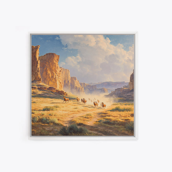 Wild Mustangs Running Through Desert Canyon Landscape Wall Art Western Country Home Decor Large Modern Landscape Print