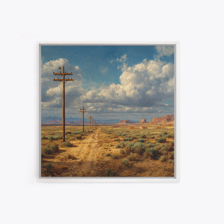 Desert Telephone Poles Landscape Wall Art Print, Rustic Country Road Western Decor, Neutral Landscape Canvas Print For Living Room