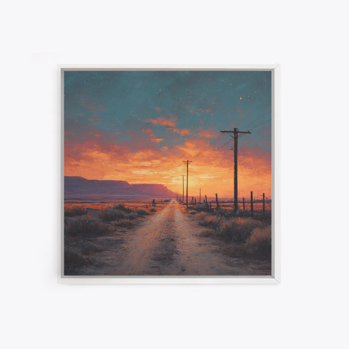 Country Dirt Road Sunset Landscape Wall Art, Warm Rustic Western Painting, Farmhouse Home Decor Large Framed Canvas Print