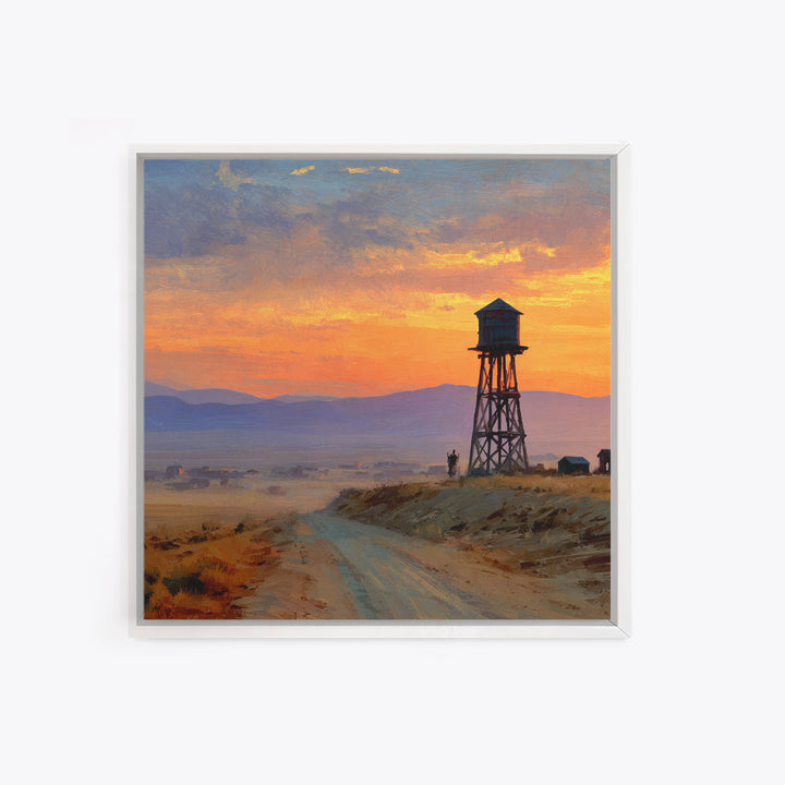 Western Sunset Water Tower Landscape Wall Art, Cowboy Desert Road Canvas Print, Rustic Country Home Decor For Living Room Or Office