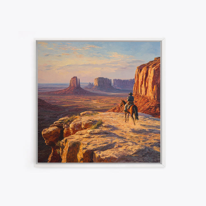 Cowboy Overlooking Monument Valley Wall Art, Western Desert Landscape Canvas Print For Rustic Western Home Decor