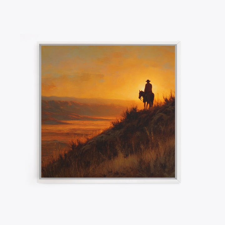Western Cowboy Sunset Hill Painting Wall Art, Rustic Horse Rider Canvas Print, Warm Desert Landscape Home Decor