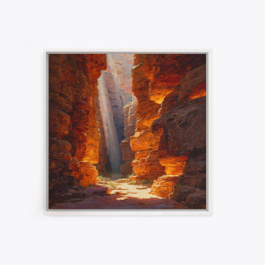 Golden Canyon Sun Rays Desert Landscape Wall Art Print, Southwestern Rustic Decor, Warm Nature Painting Living Room Art